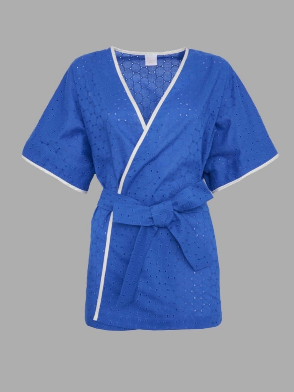 Loretta Caponi Blue Soave Eyelet Wrap Shirt White Trim Made in Italy Small NWT